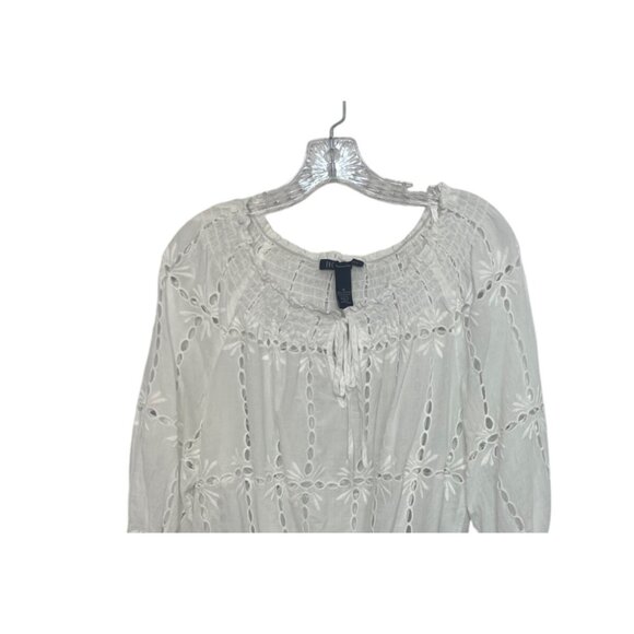 INC Eyelet Peasant Top Womens Size 12 White 3/4 Sleeve Elastic Hem - Picture 3 of 7